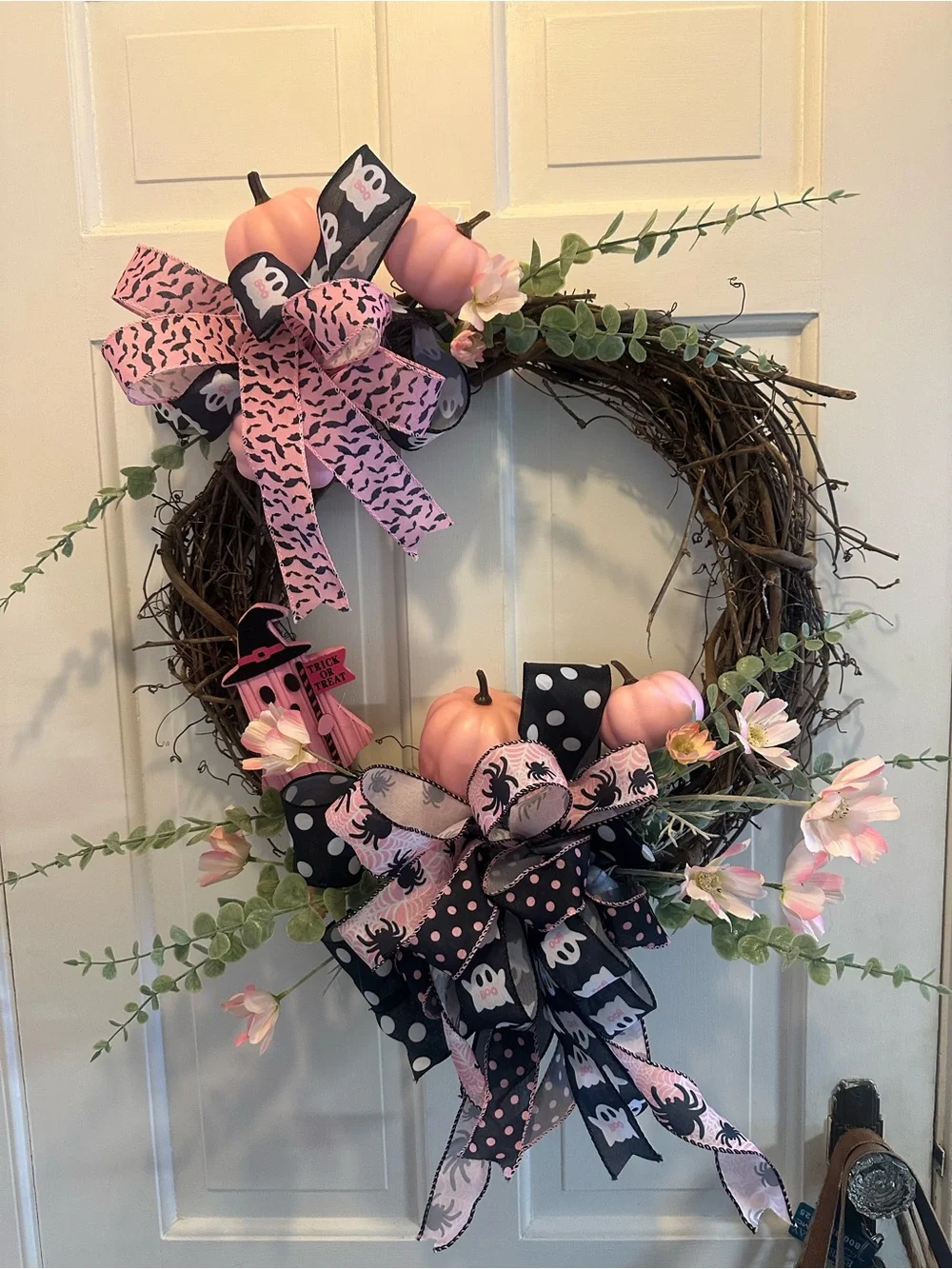 Pink Ghost & Pumpkin Halloween Wreath